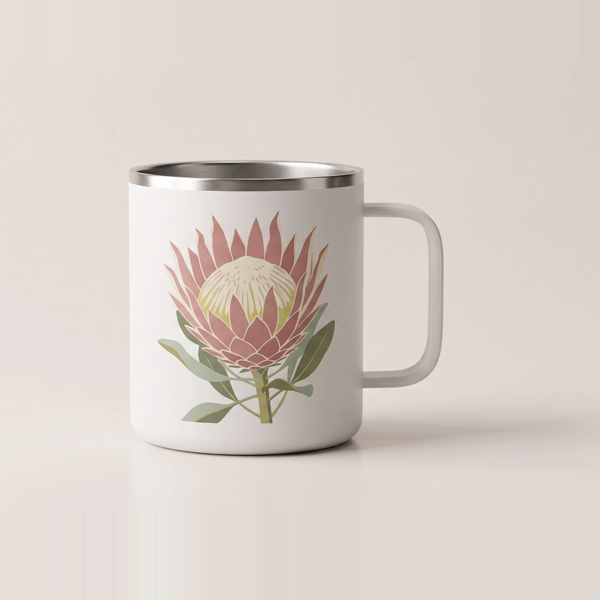 White powder coated steel mug screen printed with a flat colour protea illustration in dusty pink and sage