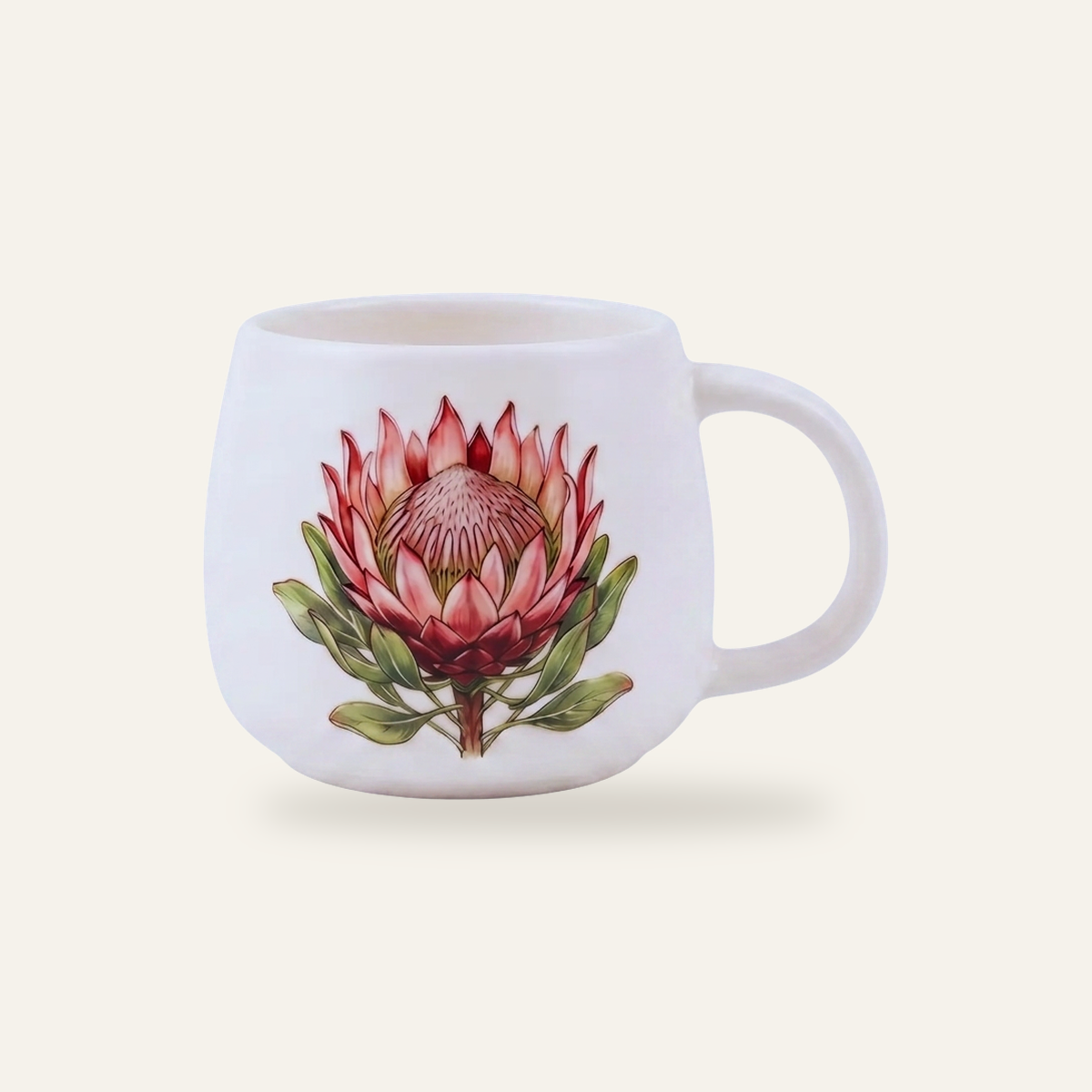 White glazed mug photographed straight on, with a digitally printed protea illustration showing fine line work and smooth tonal gradients across the print area