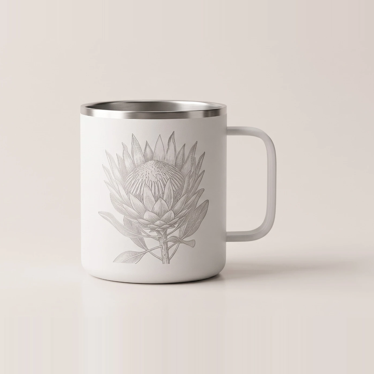 Matt white powder coated steel mug with a brushed steel rim and a laser marked protea
