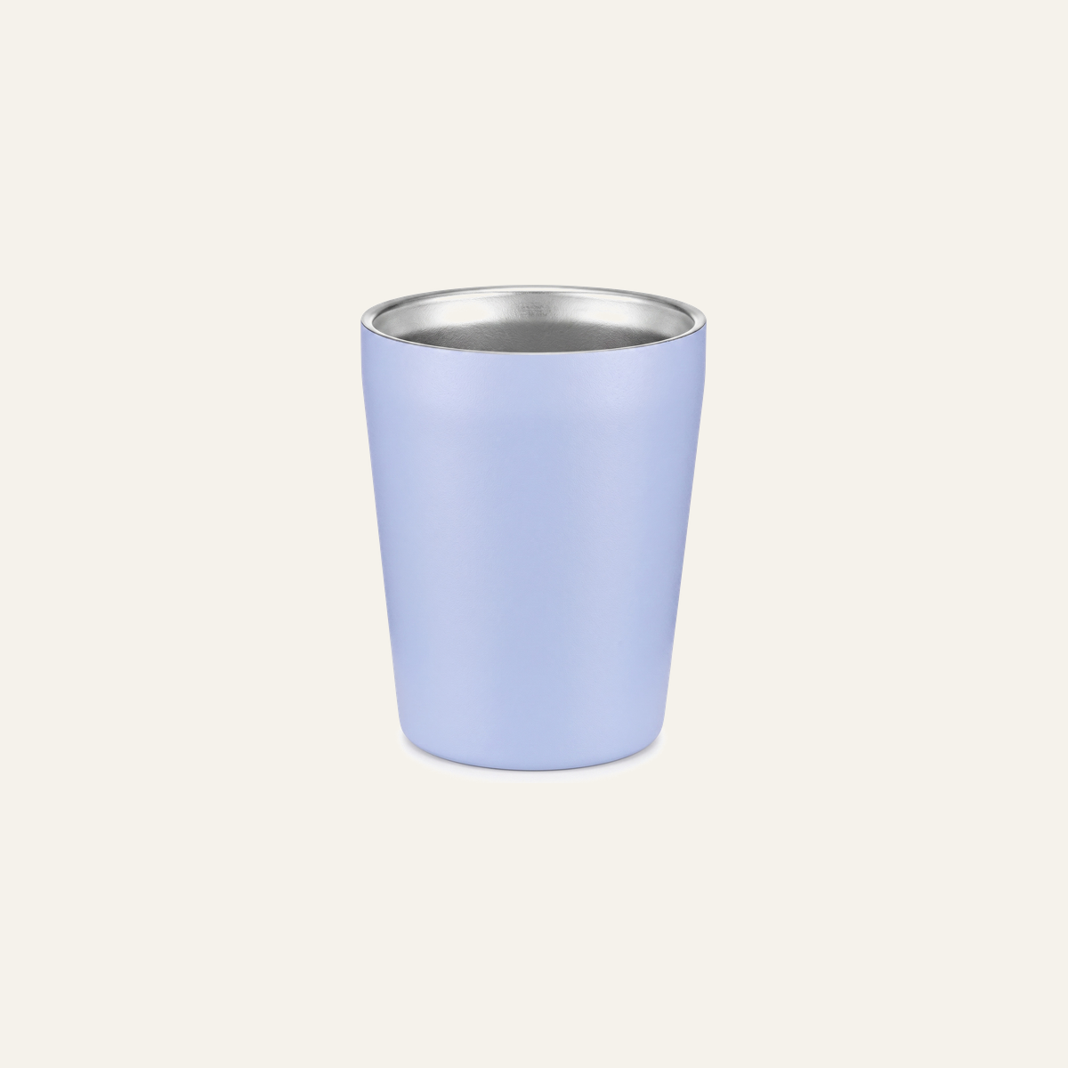 Pale blue powder coated stainless steel tapered cup with a polished steel interior