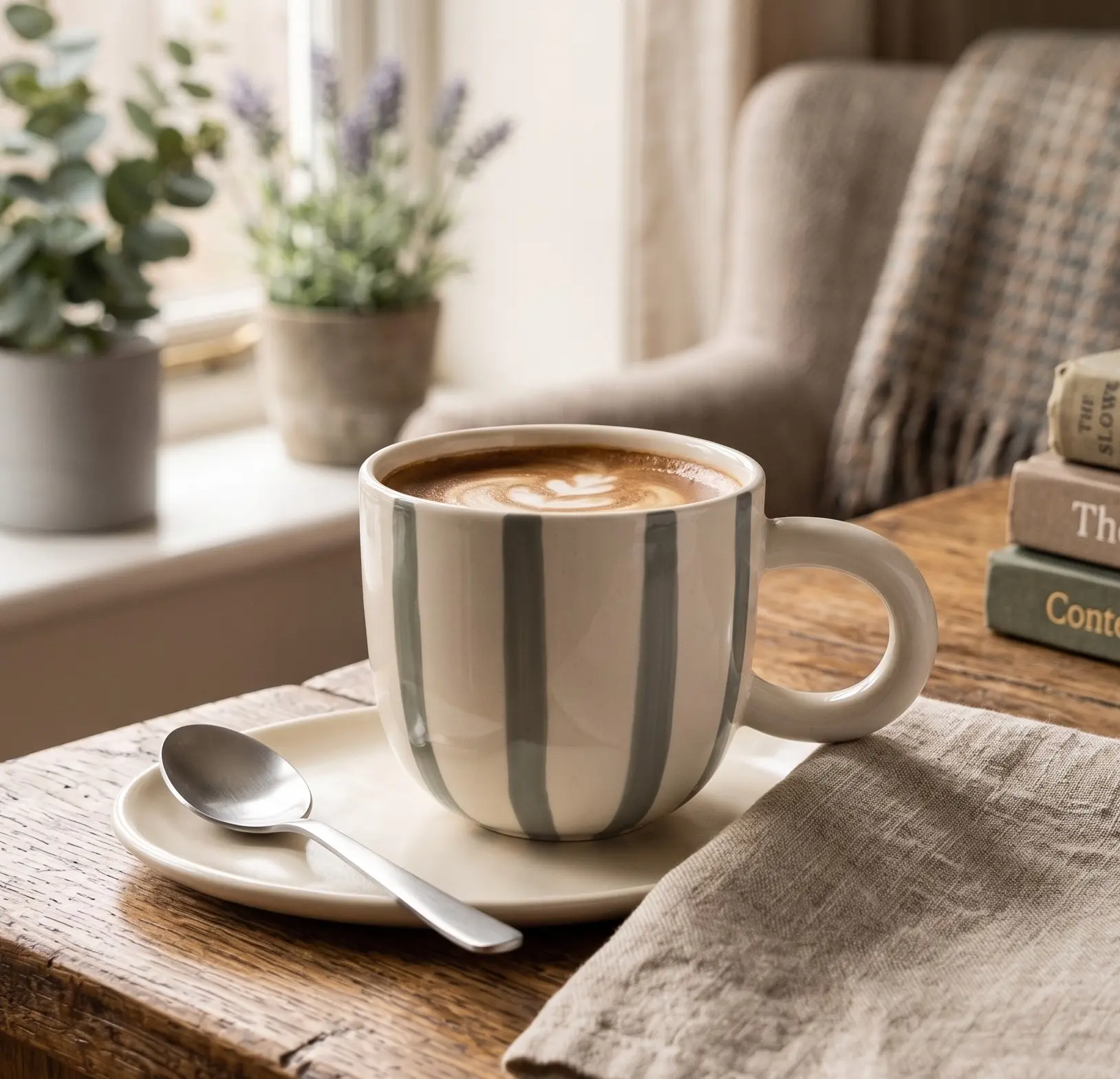 A hand-finished ceramic mug with sage stripes, filled with coffee and served on a matching saucer.