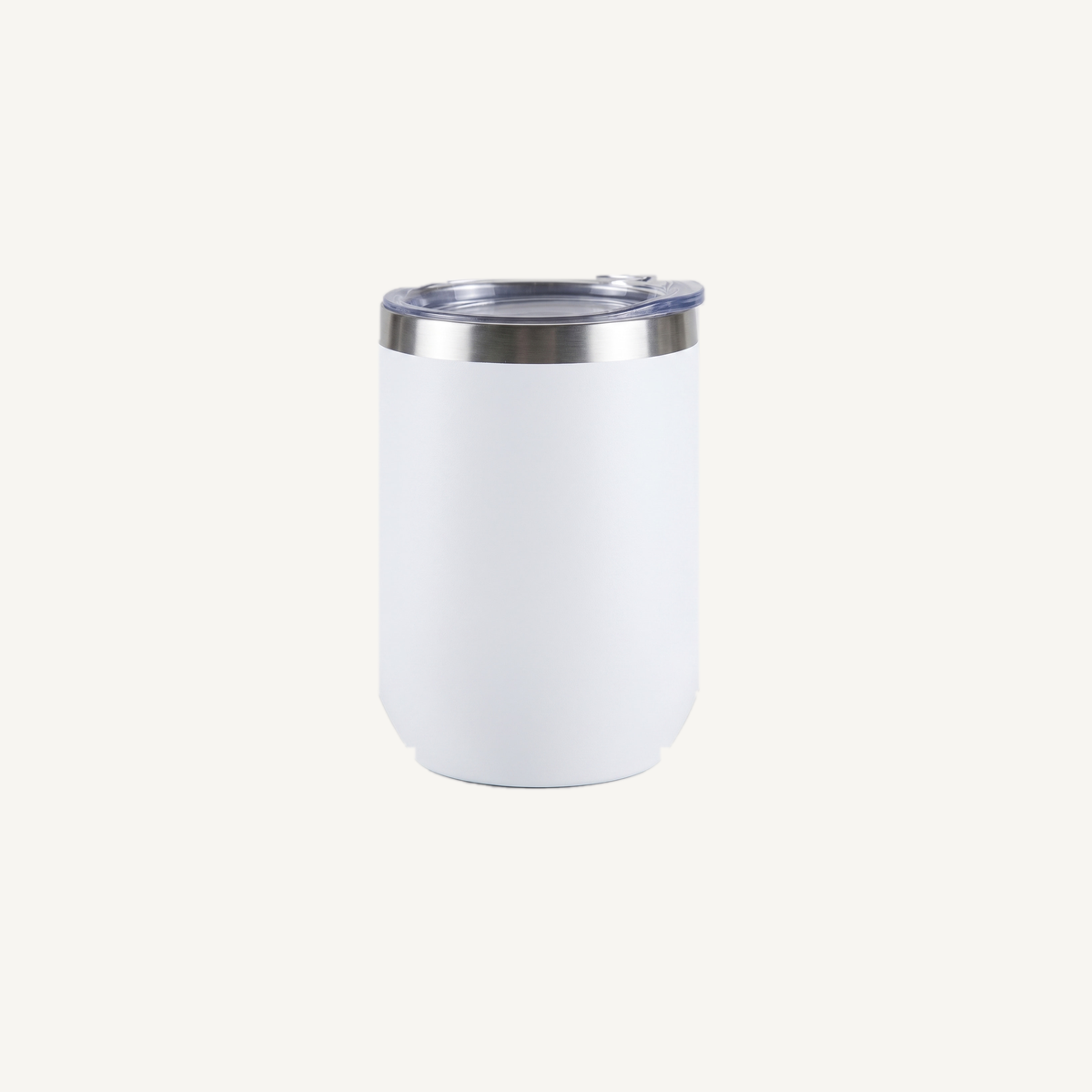 White powder coated stainless steel stemless tumbler with a clear press-on lid