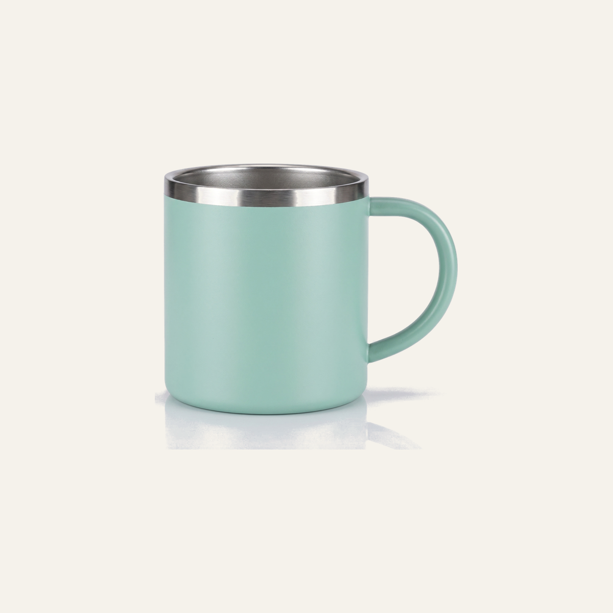 Mint green powder coated stainless steel camp mug with a brushed steel rim and a loop handle