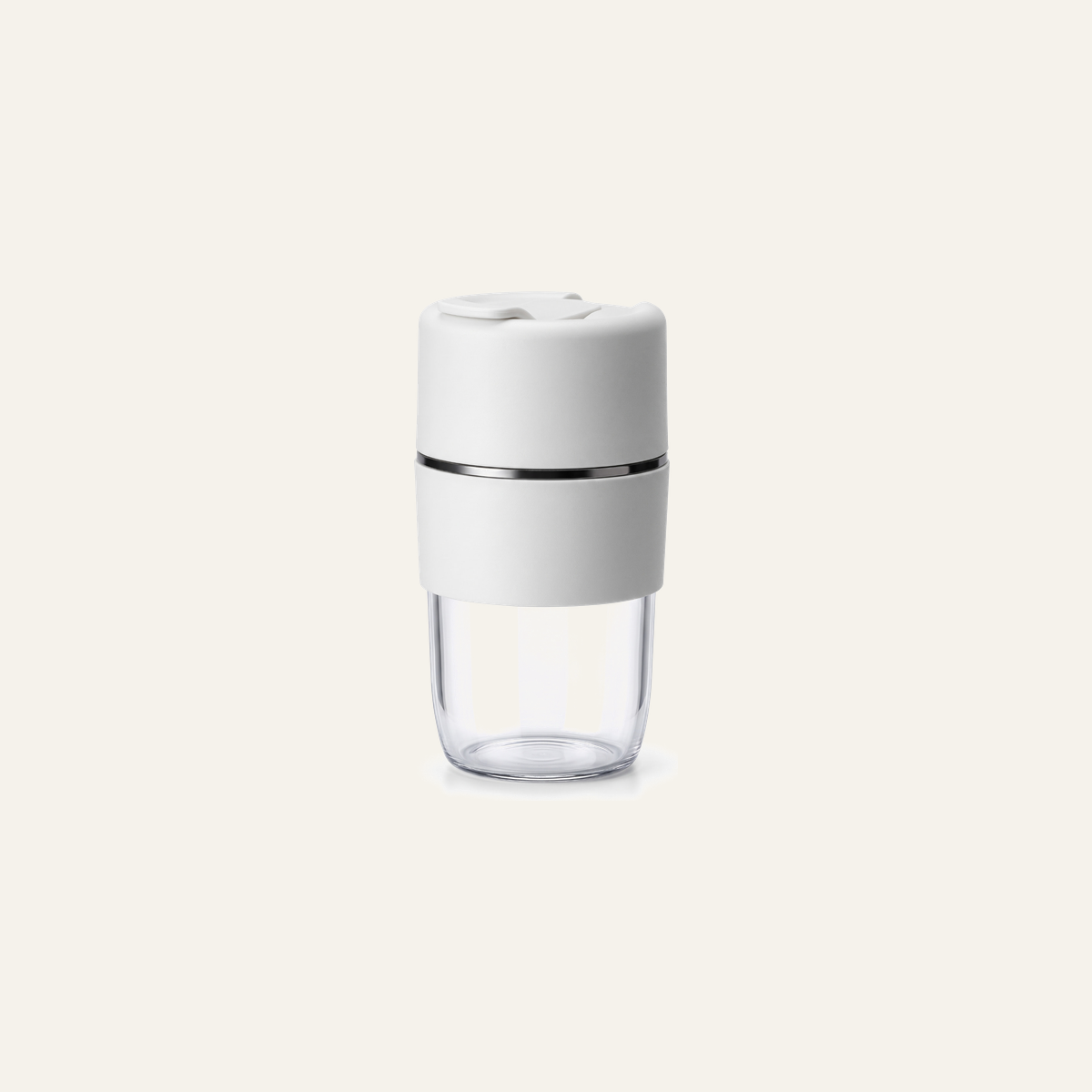 Glass keep cup with a clear body, a soft white sleeve and a flip-top drinking lid